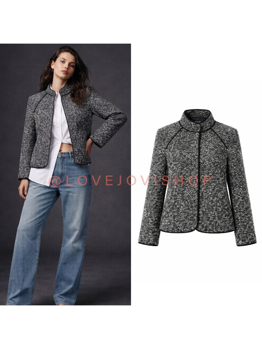Blazer | Sandro Sportswear Tweed Boucle Waist Length Lined Jacket | Black White
